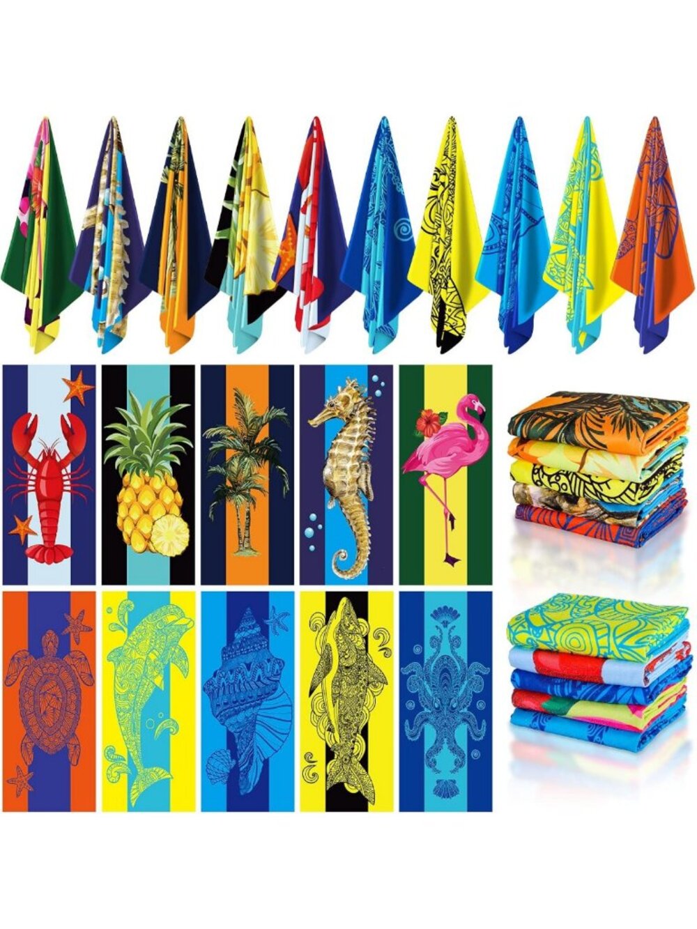 Oversized Beach Towel Set - 10 Pack, Stylish Ocean Animal Design, 36"x72